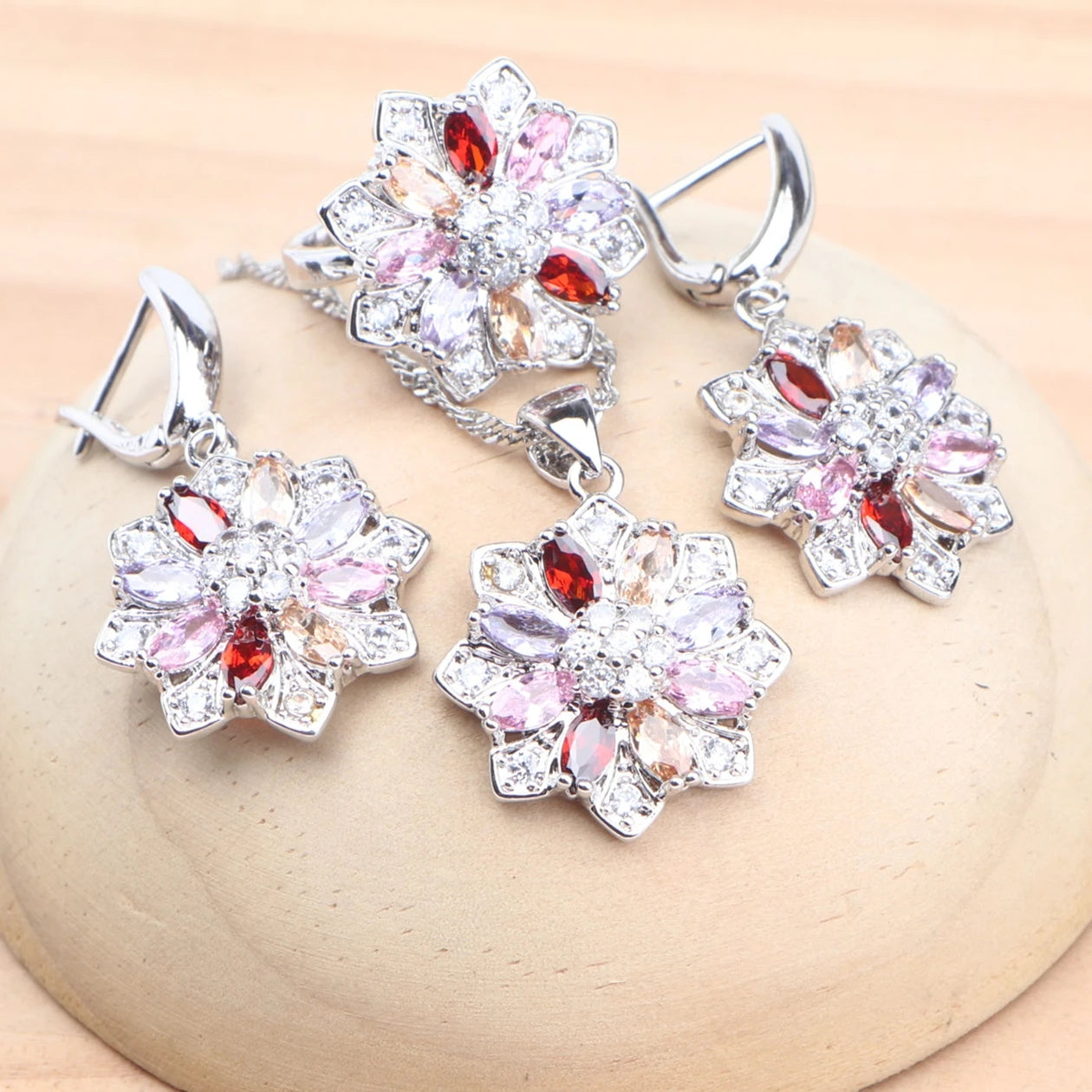 Bridal 925 Sterling Silver Wedding Jewelry Sets Cubic Zircon Rings Pendant Stones Earrings Necklace Set For Women
