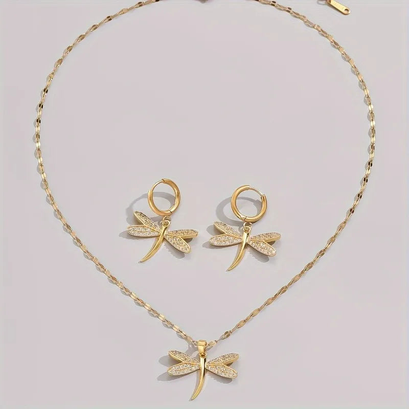Fashion Gold Color Copper Dragonfly Earrings Necklace Set Zirconia Sparkling Temperament Women Wedding Jewellery Set Accessories