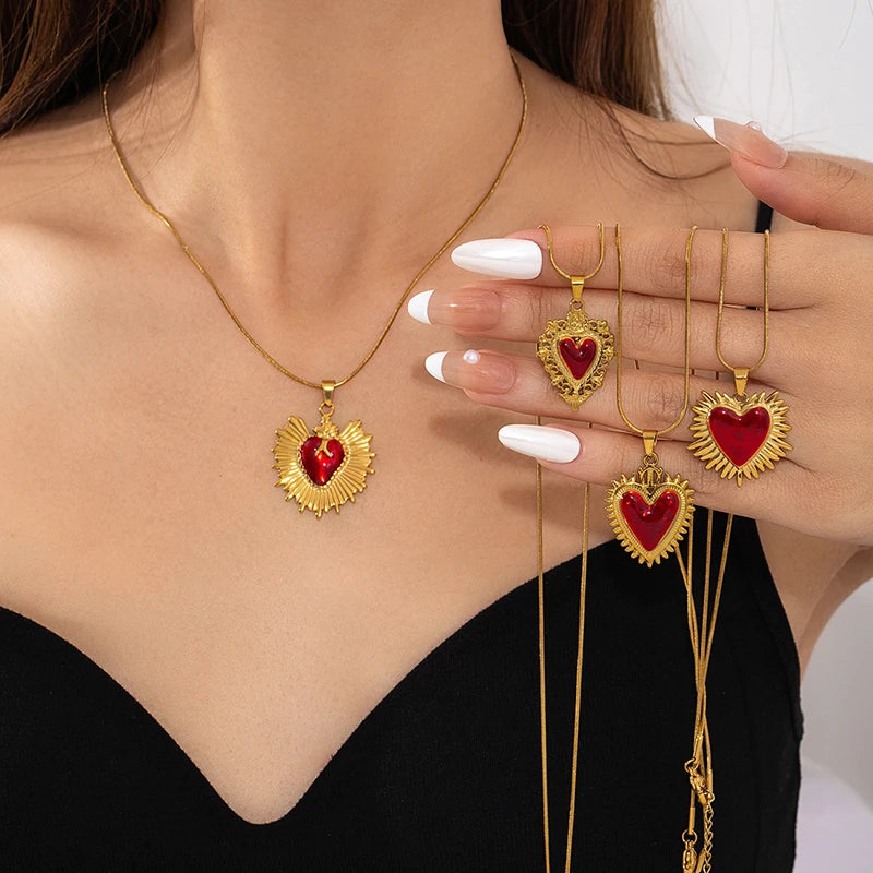 ANENJERY 316L Stainless Steel Red Heart Geometry Pendant Necklace For Women Vintage French Elegant Jewelry Gifts Wholesale