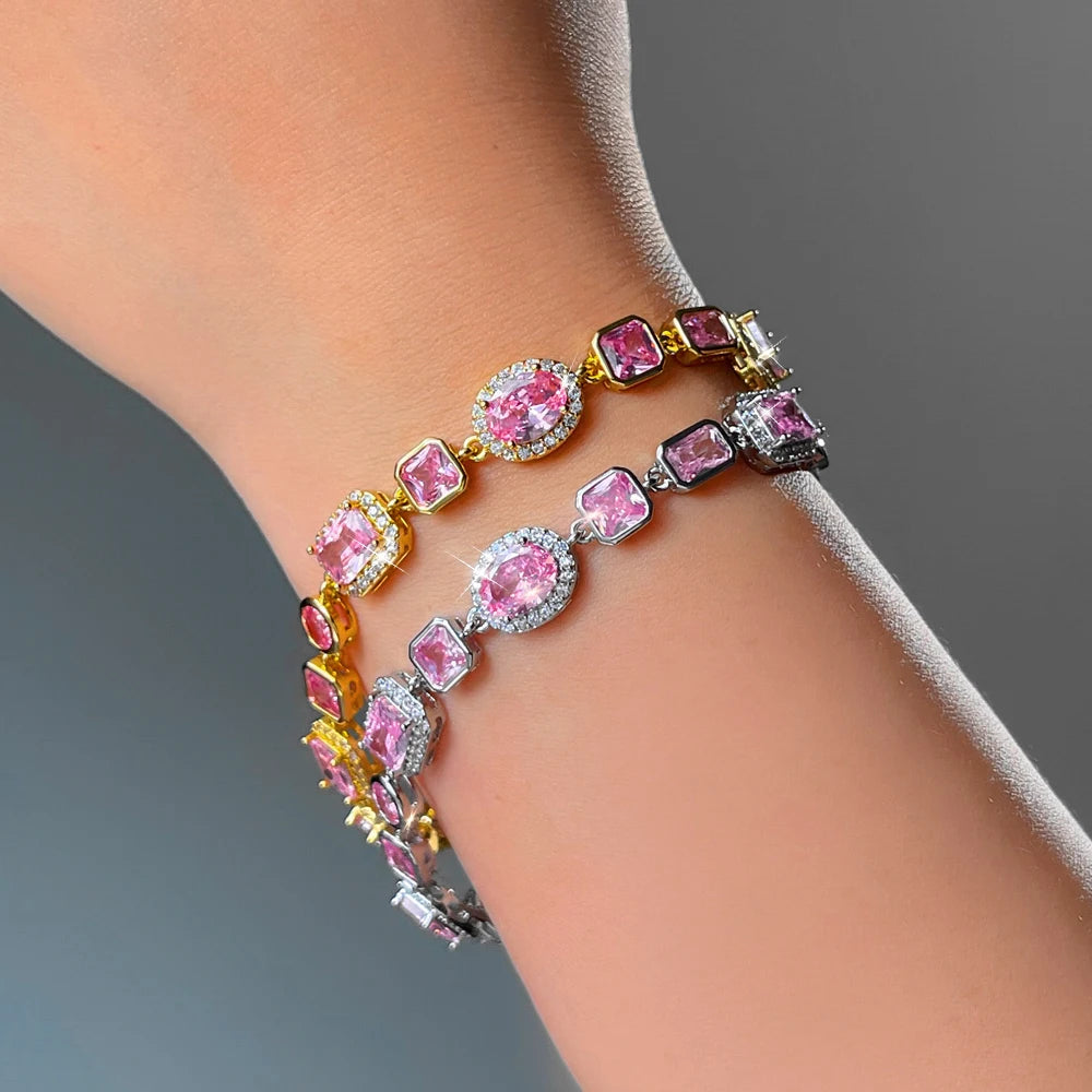 ThreeGraces Elegant Shiny Pink Zirconia Vintage Bridal Geometric Link Chain Bracelet for Women Fashion Daily Party Jewelry BR432