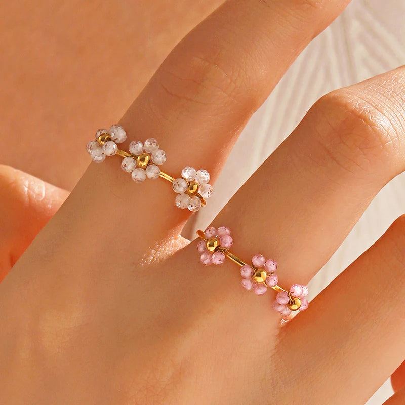 ANENJERY 316L Stainless Steel Colorful Beads Flowers Open Ring For Women French Niche Design Elegant Jewelry Gifts Wholesale