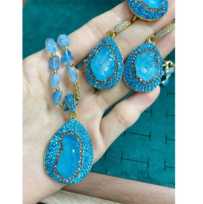 Turkish Raw Baroque Aquamarine Crystal Jewelry Set for Women Rhinestone Quartz Irregular Stone Necklace Ring Hook Earring Sets