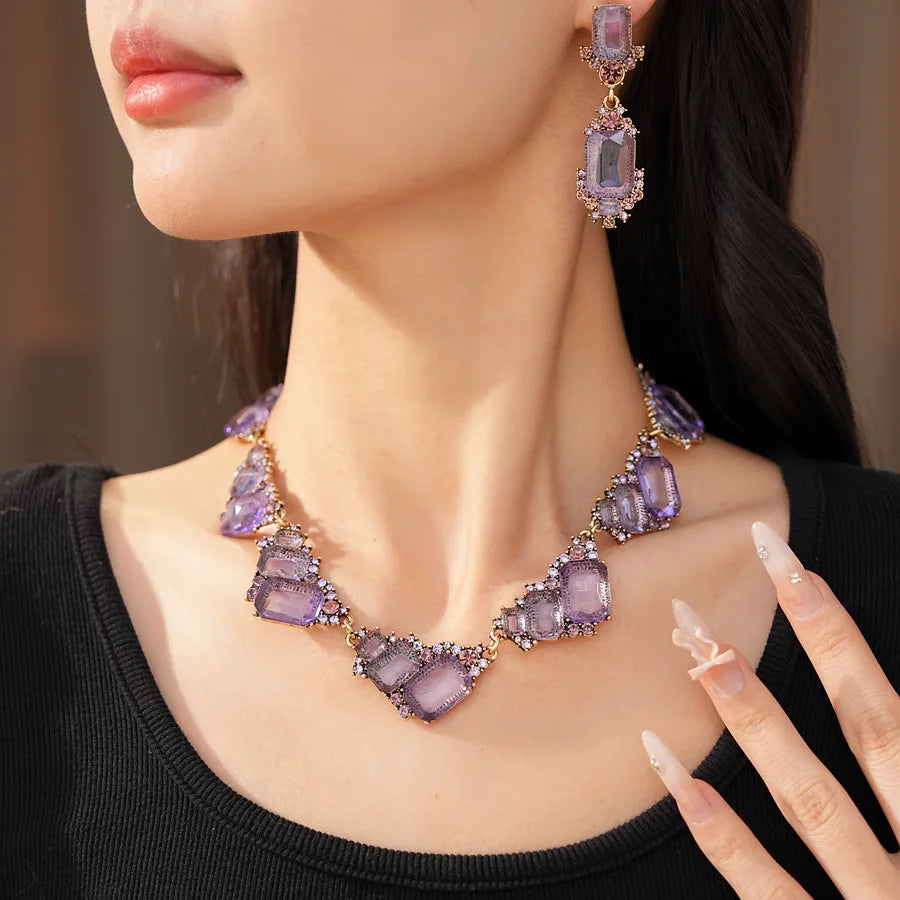 1 Pcs Purple Square Rhinestones Chokers Necklaces Retro Shiny Geometric Drop Earring Luxury Jewelry Set Gifts Wedding Party N