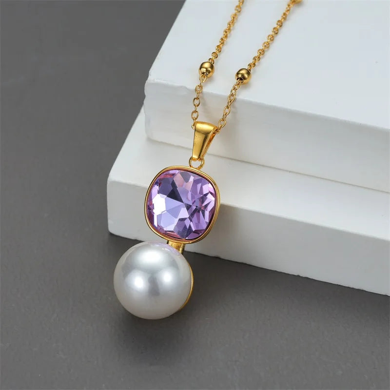 EILIECK Purple Crystal Zirconia Pearl Necklace Earrings Trendy Stainless Steel Waterproof Jewelry Set Golden Metal Texture Women