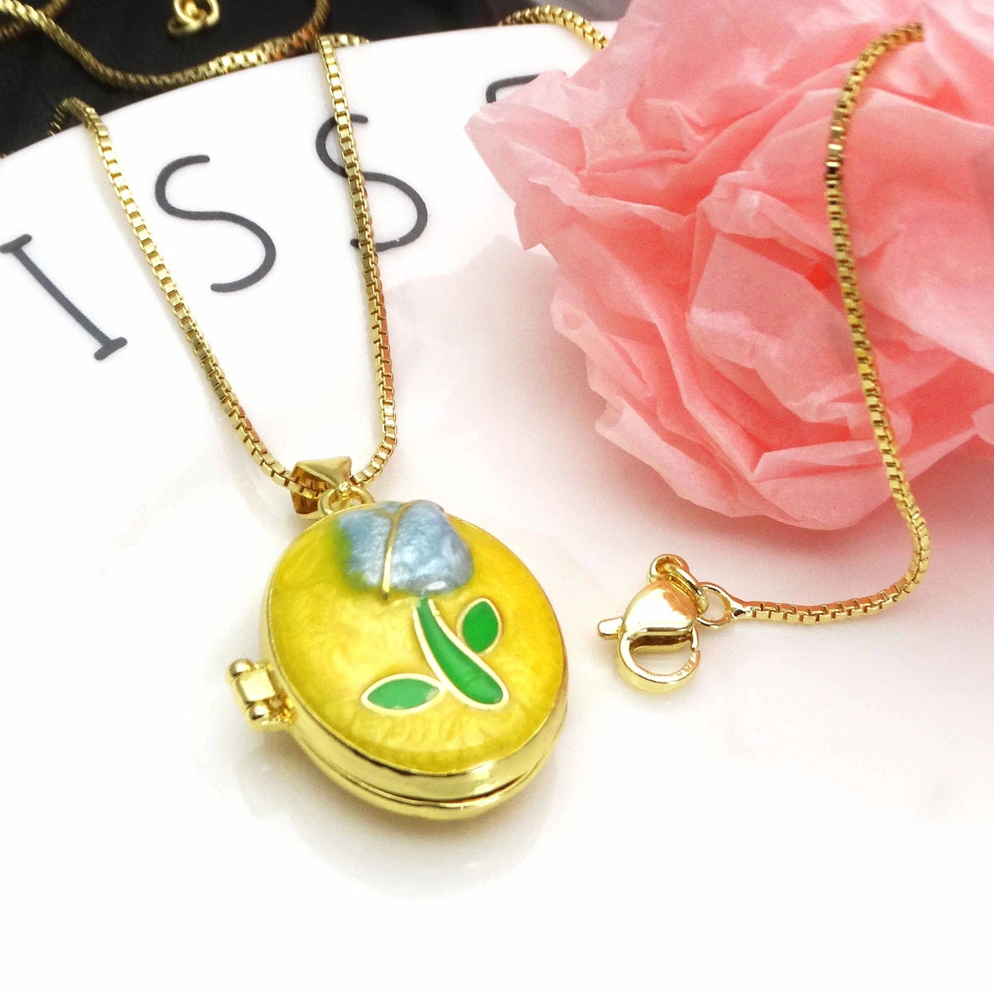 Micro Zircon oil drip photo box Pendant necklace Rose Flower pendant necklace copper chain jewelry necklace