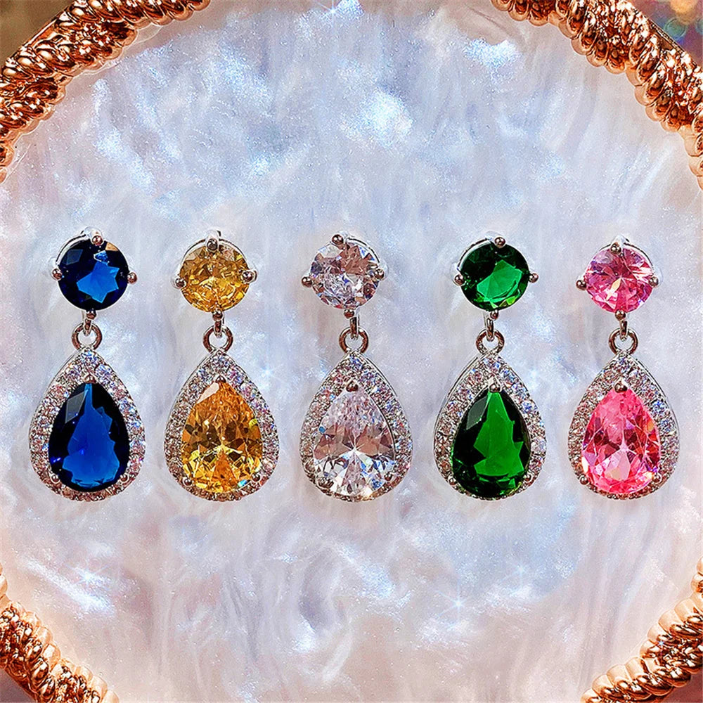 Luxury Female Blue Yellow White Zircon Stone Drop Dangle Earrings Cute Silver Color Party Jewelry For Women