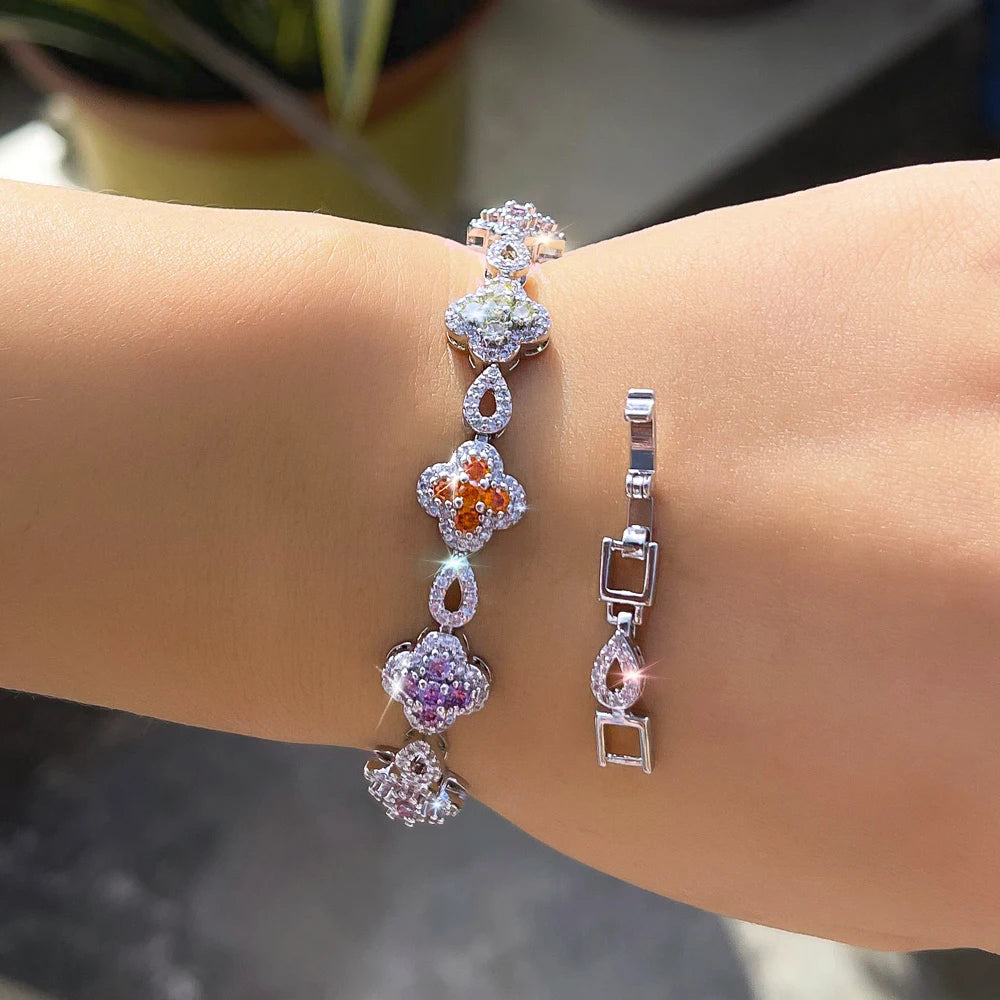 ThreeGraces Fashion Shiny Colorful Zirconia Lucky Leaf Shape Bridal Wedding Link Chain Bracelet for Women Party Jewelry BR450