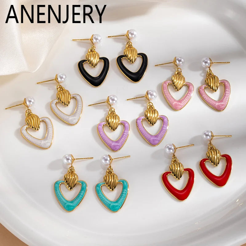 ANENJERY 316L Stainless Steel Hollow Heart Imitation Pearls Stud Earrings For Women Luxury Niche Temperament Simple Jewelry Gift