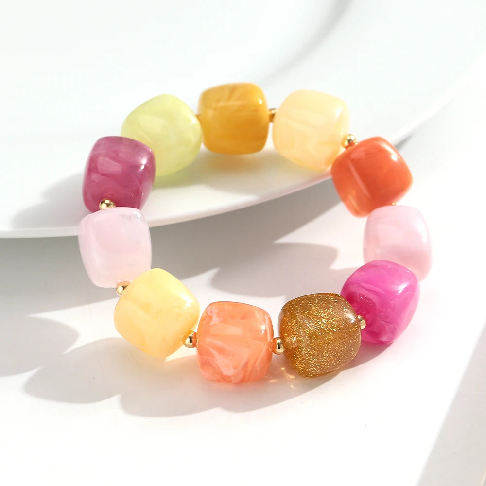 Trendy Resin Square Beaded Elastic Bracelets Colorful Geometric Beads Stretch Bangle Bracelet 2026 New Jewelry