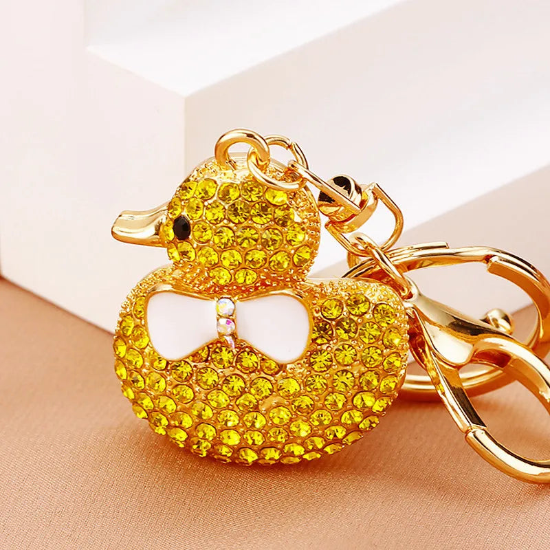 Creative rhinestone cute big yellow duck car keychain women's bag pendant metal key chain ring festival gift wholesale
