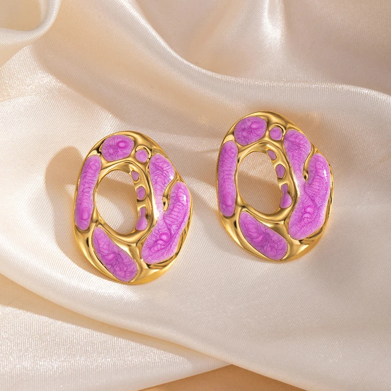 ANENJERY 316L Stainless Steel Hollow Irregular Round Stud Earrings For Women Temperament Luxury Niche Simple Jewelry Gift