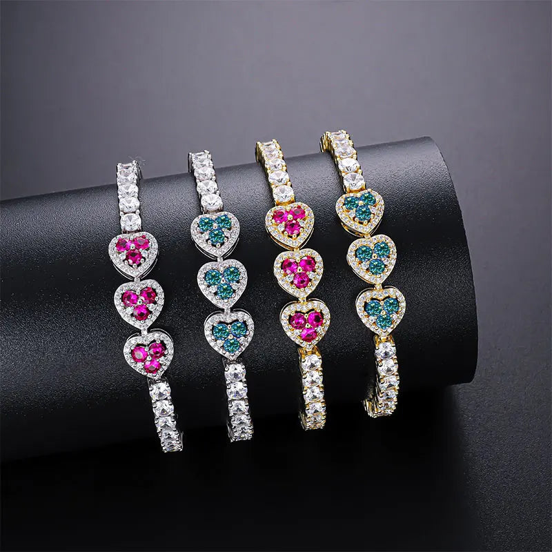 Abestecom 3.5mm Round D color Moissanite Heart Tennis Bracelet Gold Plated Fashion Pave-set Diamonds Bracelet Valentines Gift