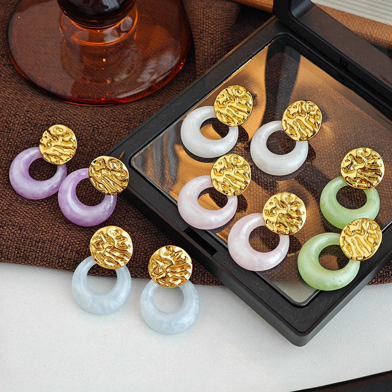 ANENJERY 316L Stainless Steel Candy Colored Hollow Round Earrings For Women Personality Creative Fashion Jewelry Gifts Wholesale