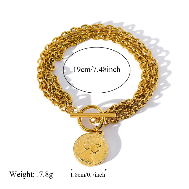 EILIECK New Fashion Stainless Steel Coins Heart Charm Bracelet For Women Trendy Gold Silver Color Wrist Chain Jewelry Lady Gift