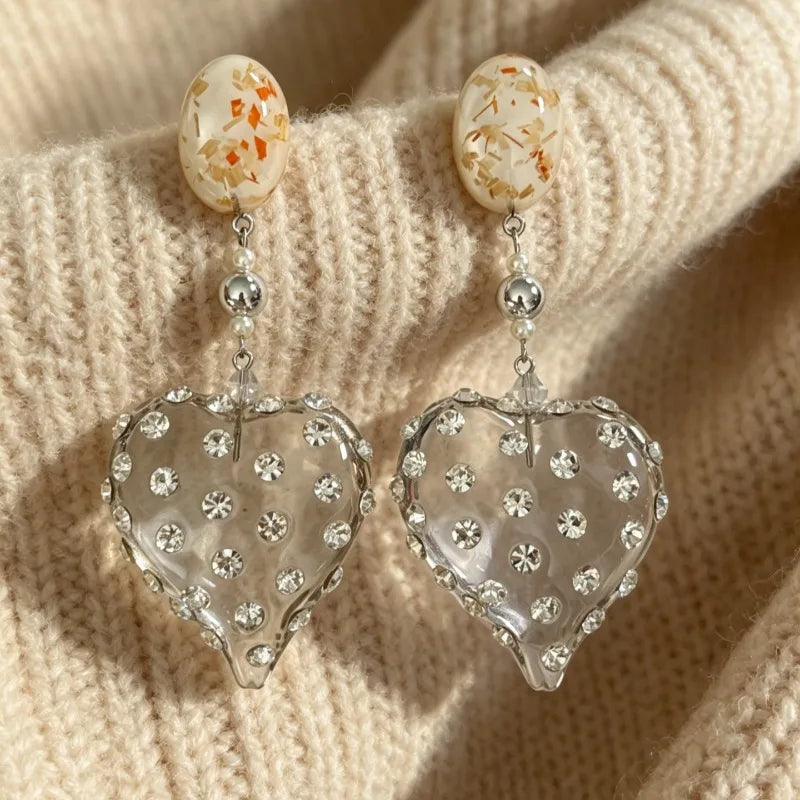 Crystal Earrings for Women Hearts Shaped Vintage Palace Style Aretes De Mujer Sweet Fashion Elegant Versatile Jewelry