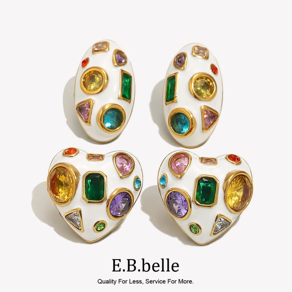 E.B.belle White Enamel Oval/Heart Coloful Geometric Zircon 18K Gold Plated Stainless Steel Women Party Statement Jewelry Gifts