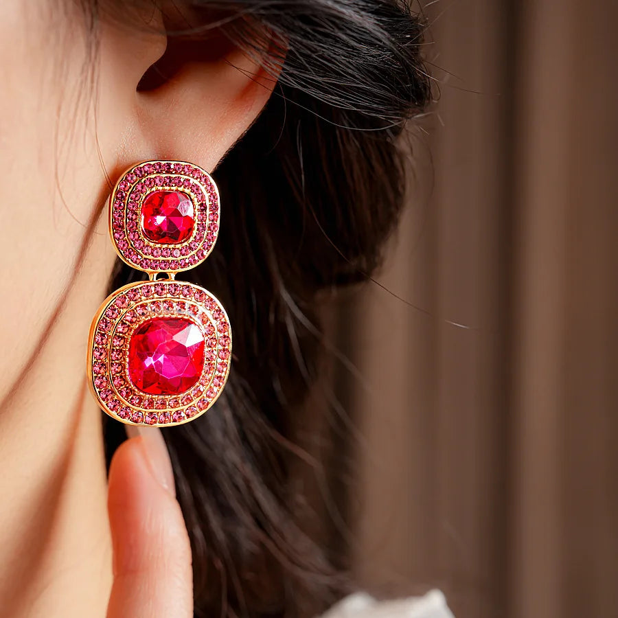 Vintage Full Rhinestones Square Dangle Earrings for Women Shiny Exquisite High-end Geometric Drop Earring Luxury Jewelry Gifts N