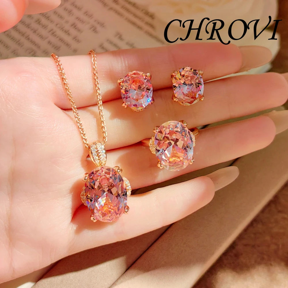 Luxurious 925 sterling silver exquisite pendant necklace, diamond ring, stud earrings, gemstone set set for women