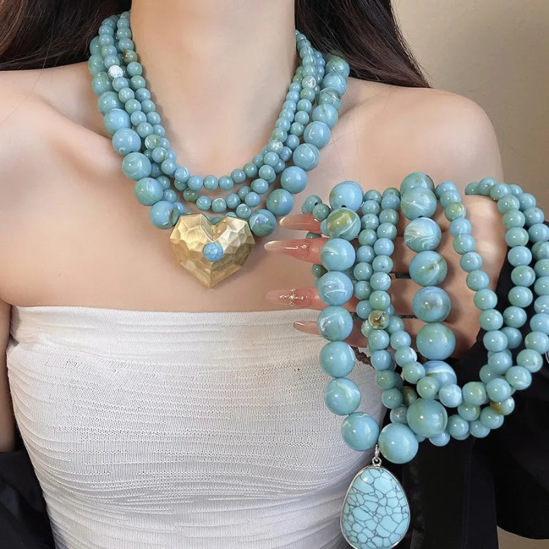 Multilayer Acrylic Beaded Necklaces Geometric Heart Pendant Turquoise Boho Vintage Ethnic Chokers Collarbone Chain Women Jewelry