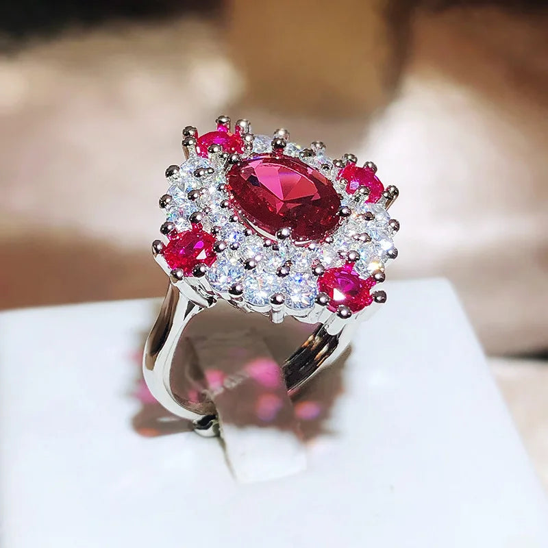 Vintage Jewelry Long Ring Ruby Rose Red Pendant Ring Crystal Luxury 925 Sterling Silver Wedding Gift To Girlfriend