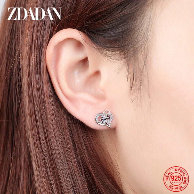 ZDADAN 925 Sterling Silver Heart Amethyst Earring For Women Fashion Jewelry Accessories