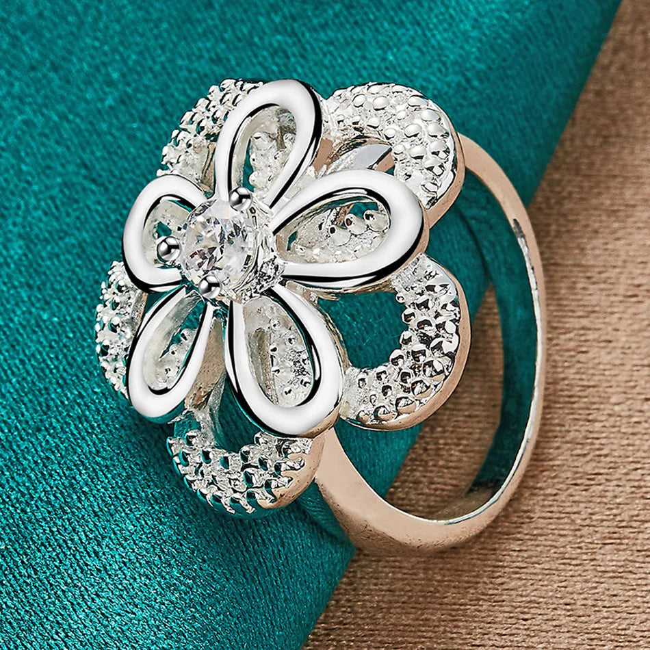 URMYLADY 925 Sterling Silver Double Flower Zircon 7-10# Ring For Women Wedding Engagement Party Fashion Jewelry
