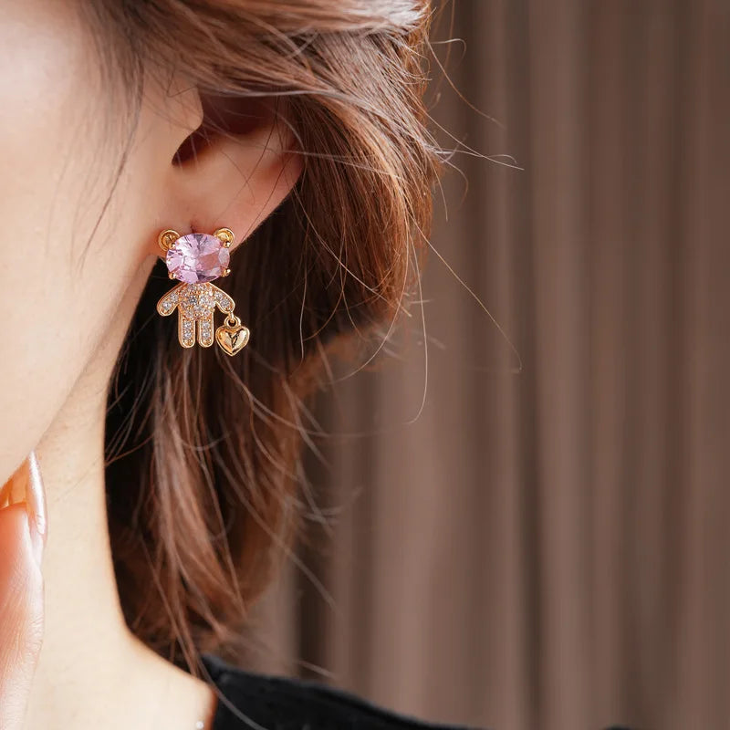 925 Silver Needle Zircon Bear Love Earrings for Women High-end Asymmetric Stud Earring Fashionable Versatile Sweet Jewelry