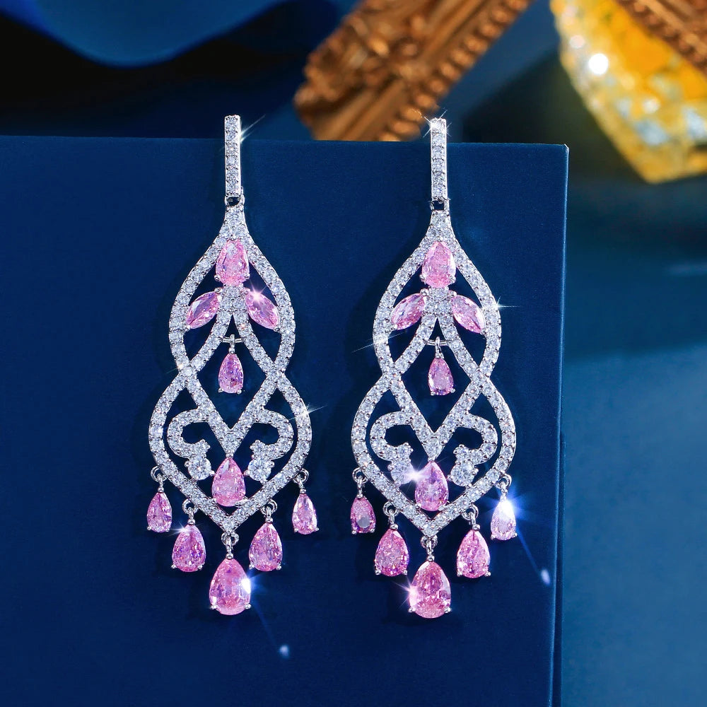 ThreeGraces Elegant Trendy Shiny White Zirconia Long Tassel Drop Bridal Wedding Party Dangle Earrings Jewelry for Women E2066