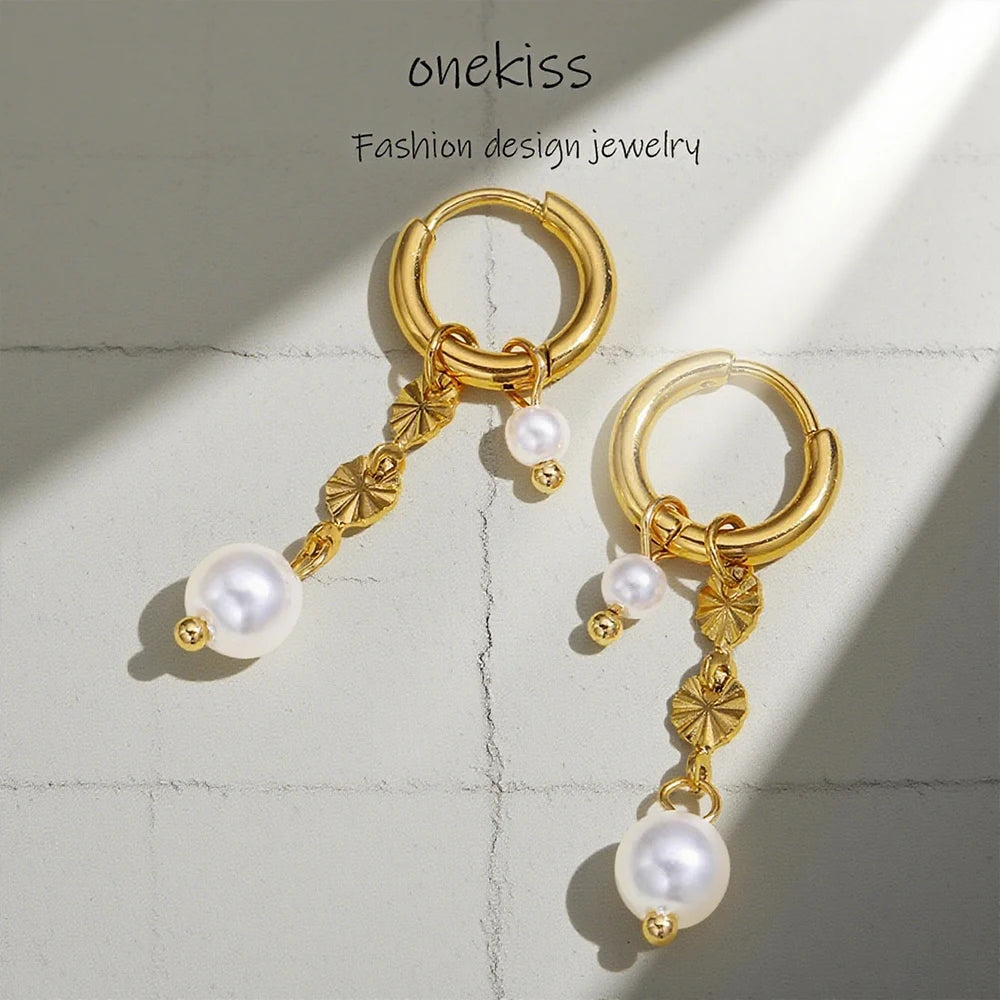 Fashion Round Pearl Pendant Earrings Wedding for Women Waterproof Statement 18K Gold Stainless Steel Hoop Earrings Trend Jewelry