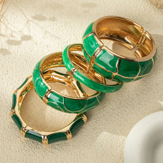 KMVEXO Bohemia Green Imitation Enamel Irregular Geometric Wide Bangle Chunky Metal Cuff Bracelet Fashion Punk Hip Hop Jewelry