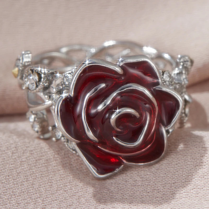 Bohemian Flower Red Crystal Rings for Women Girl Gorgeous Silver Color Ring Wedding Engagement Christmas Valentine's Day Gift