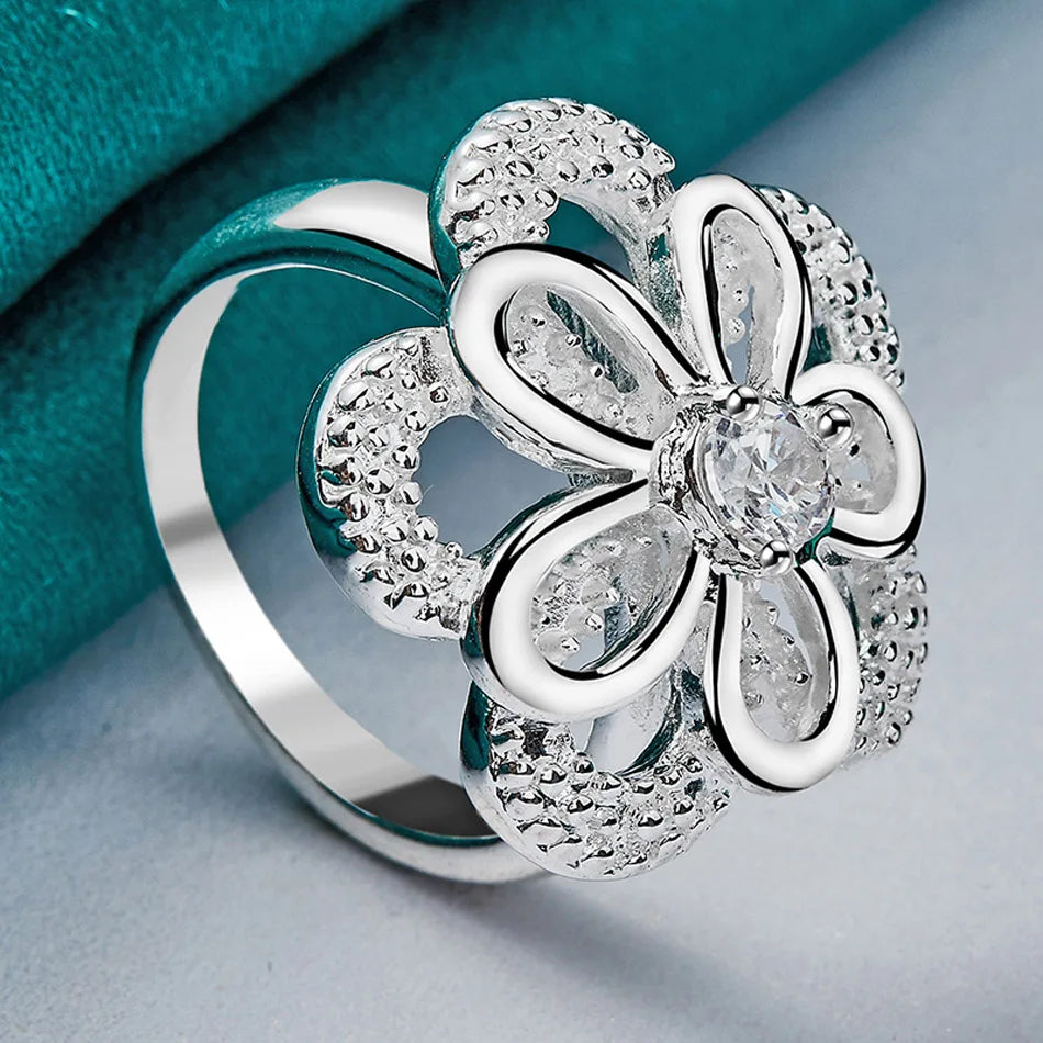 URMYLADY 925 Sterling Silver Double Flower Zircon 7-10# Ring For Women Wedding Engagement Party Fashion Jewelry