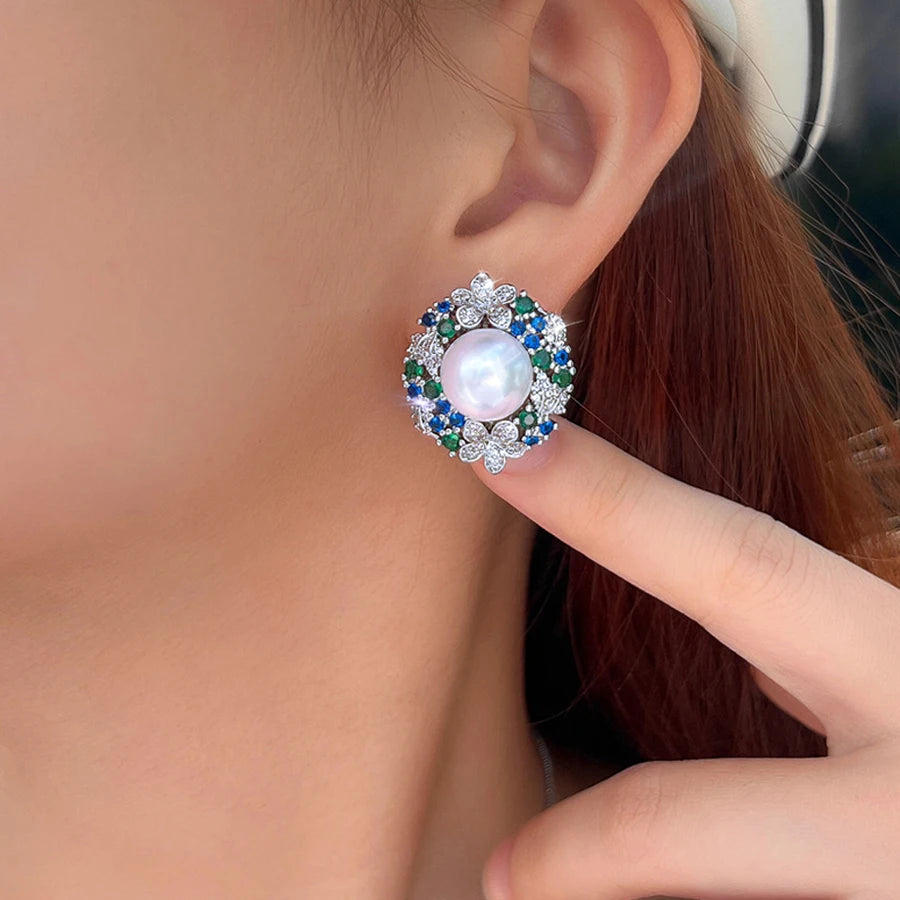 ThreeGraces Delicate Shiny Green Blue Zirconia Big Simulated Pearl Bridal Wedding Stud Earrings for Women Party Jewelry E2025