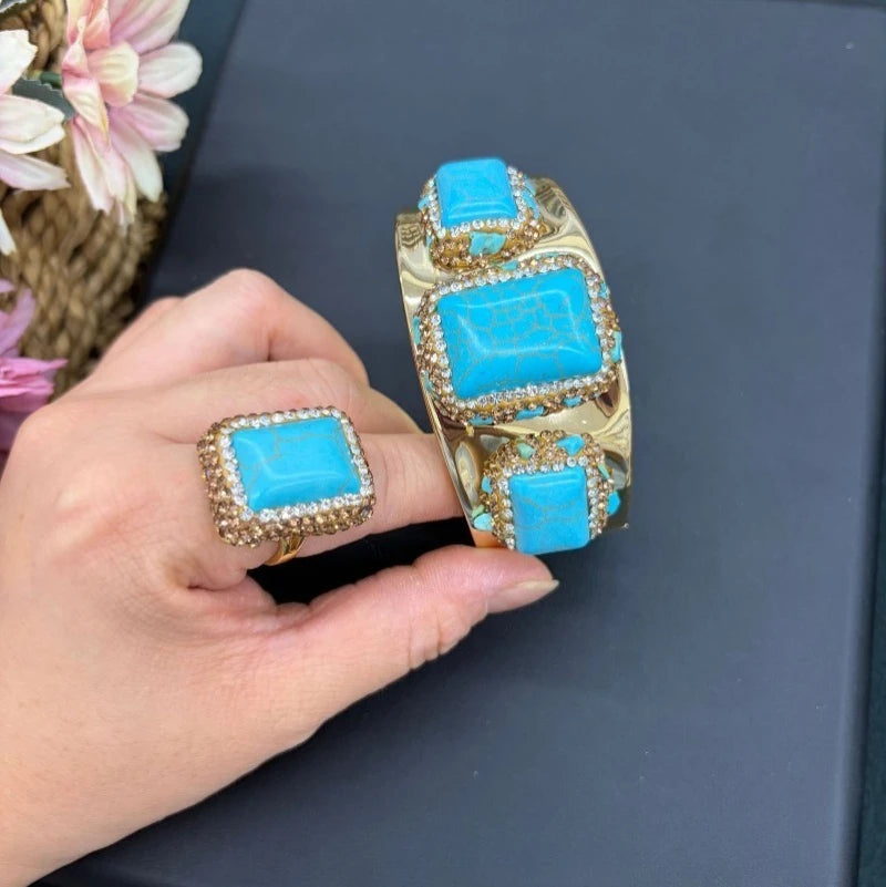 Vintage Luxury Gold Plated Jewelry Set for Women Turquoise Rhinestone Bangle & Ring Elegant Statement Wedding Party Accessories