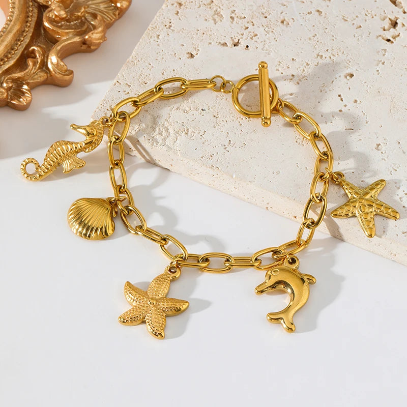 EILIECK 316L Stainless Steel Metal Starfish Shell Seahorse Bracelet For Women Trendy Wrist Chain Waterproof Beach Jewelry Gift