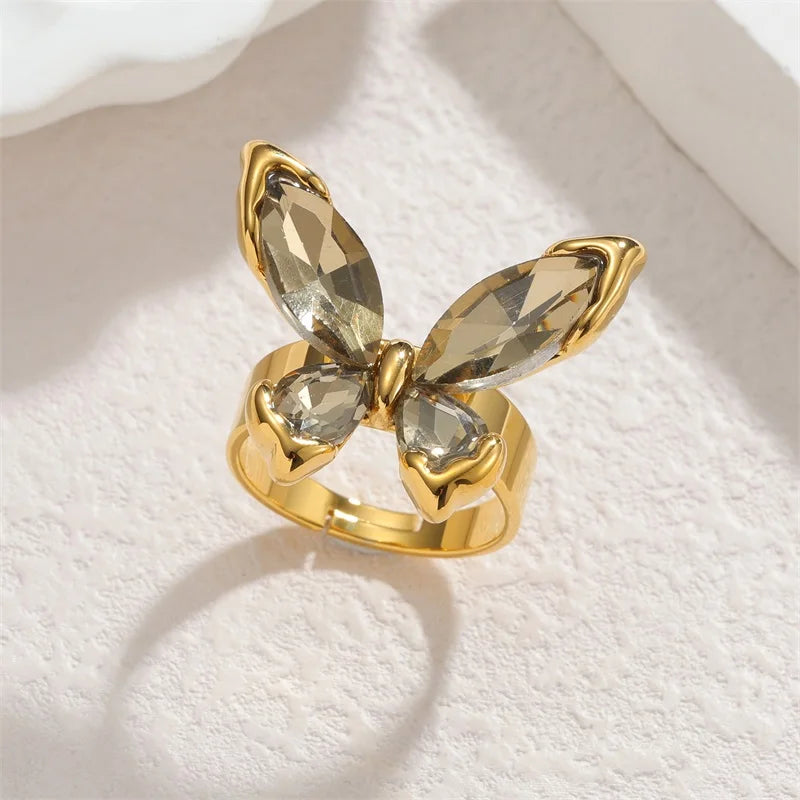 EILIECK Minimalist Classic 18K Gold Color Plated Butterfly Zircon Adjustable Ring Hypoallergenic Stainless Steel Jewelry Gift