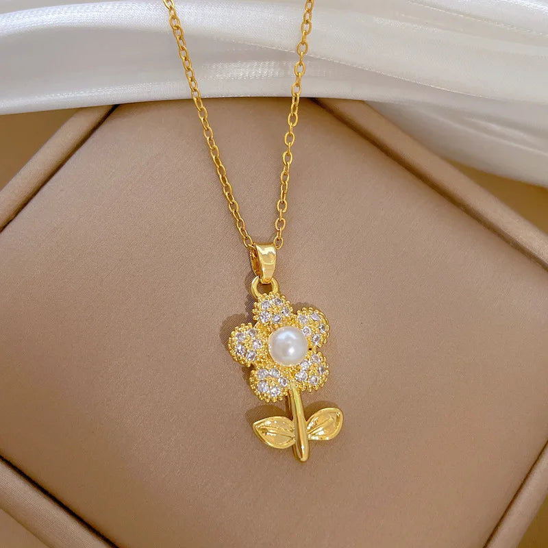 Sparkling Luxury Cubic Zirconia Pearl Flower Pendant Stainless Steel Women's Necklace Fashion Waterproof Jewelry Gift