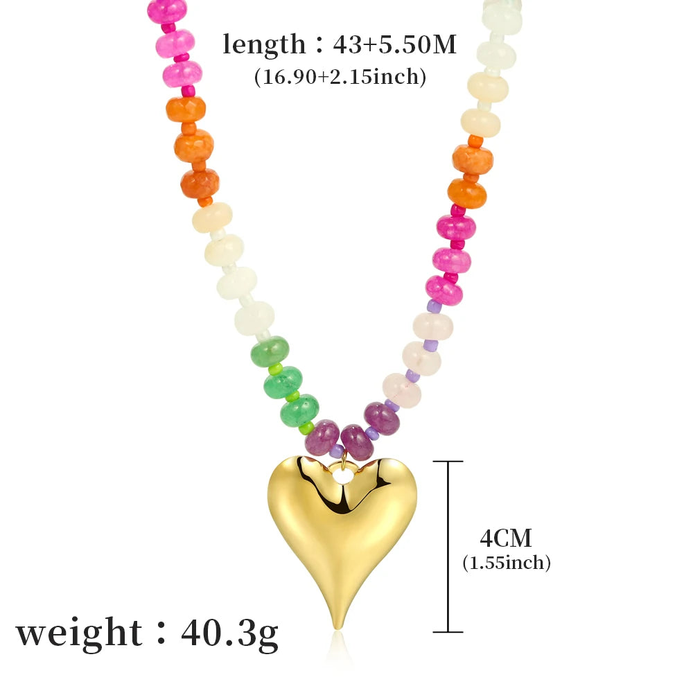 Badu Rainbow Gemstone Stainless Steel Flower Heart Shape Pendant Necklace for Women Boho Vacation Party Jewelry Gift Waterproof