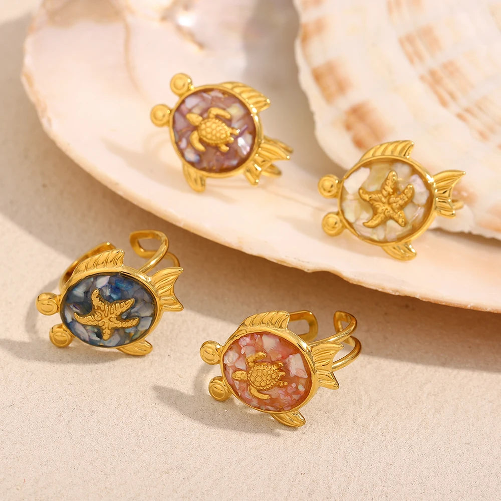 E.B.belle New Design Summer Women Cute Colorful Turtle Open Ring PVD Plated Stainless Steel Unique Holiday Party Jewelry