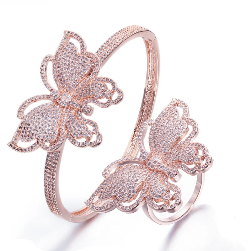 ThreeGrace Luxury Sparkling Cubic Zirconia Wedding Bridal Party Big Butterfly Finger Ring and Bangle Jewelry Set for Women JS543