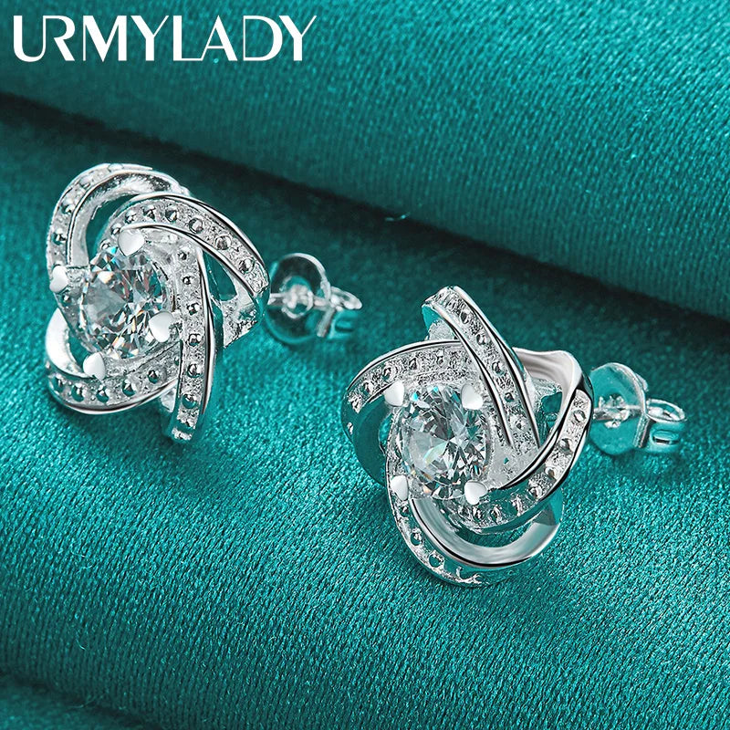 URMYLADY 925 Sterling Silver Four-Leaf Clover Zircon Earring Stud Earrings For Women Charm Wedding Engagement Fashion Jewelry