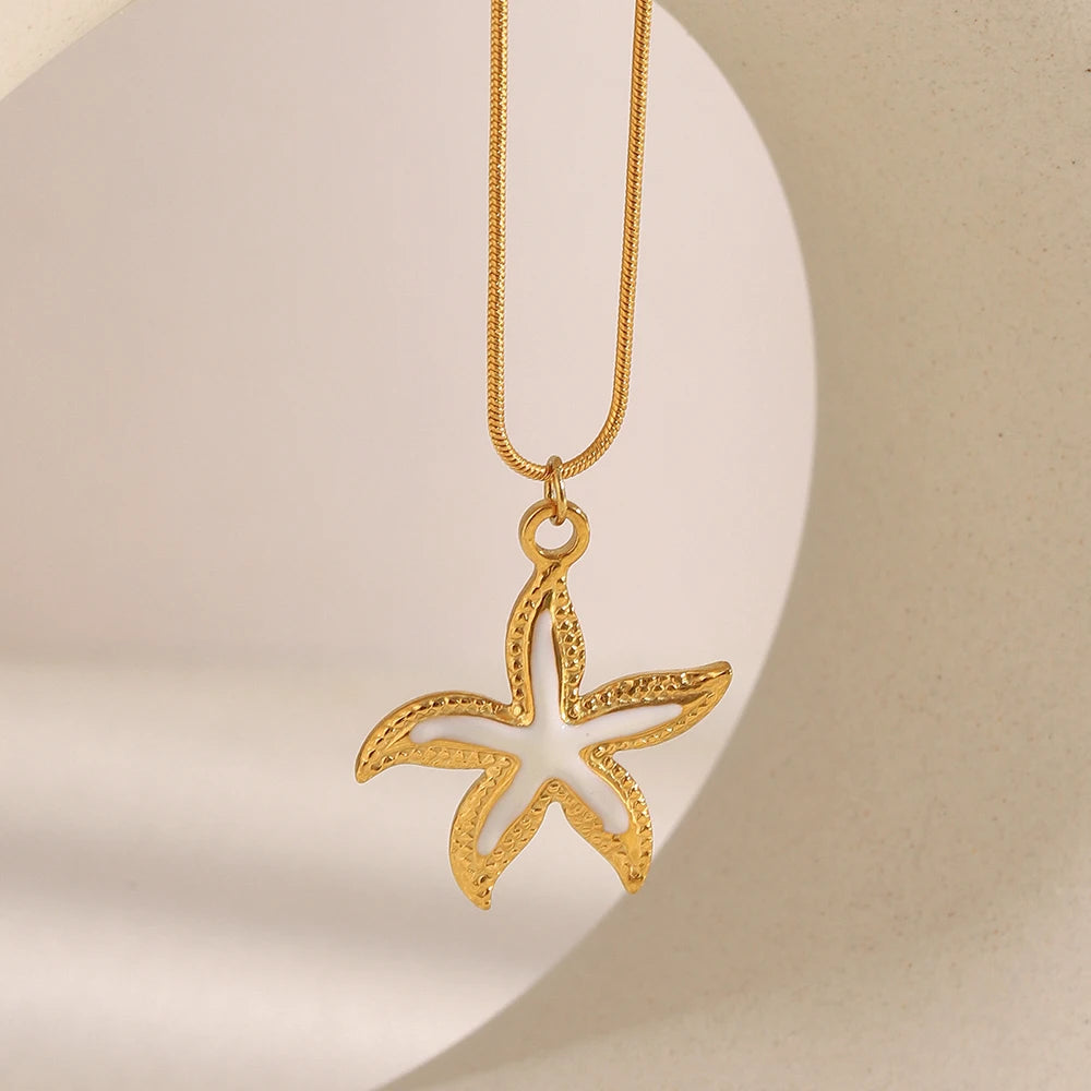 E.B.belle Summer Beach Cute Coloful Starfish Pendant Necklace 18K Gold Plated  316L Stainless Steel Holiday Neck Jewelry