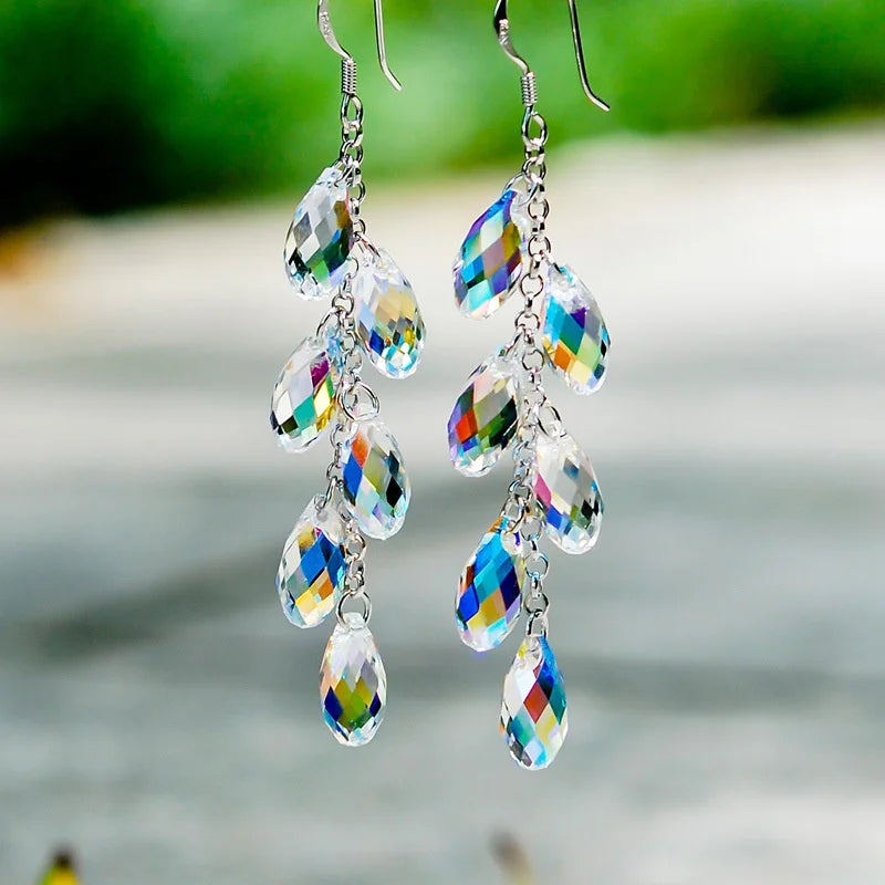 Fashion Long Tassel AB Color Crystal Dangling Earrings for Women Temperament Elegant Engagement Party Jewelry Gifts