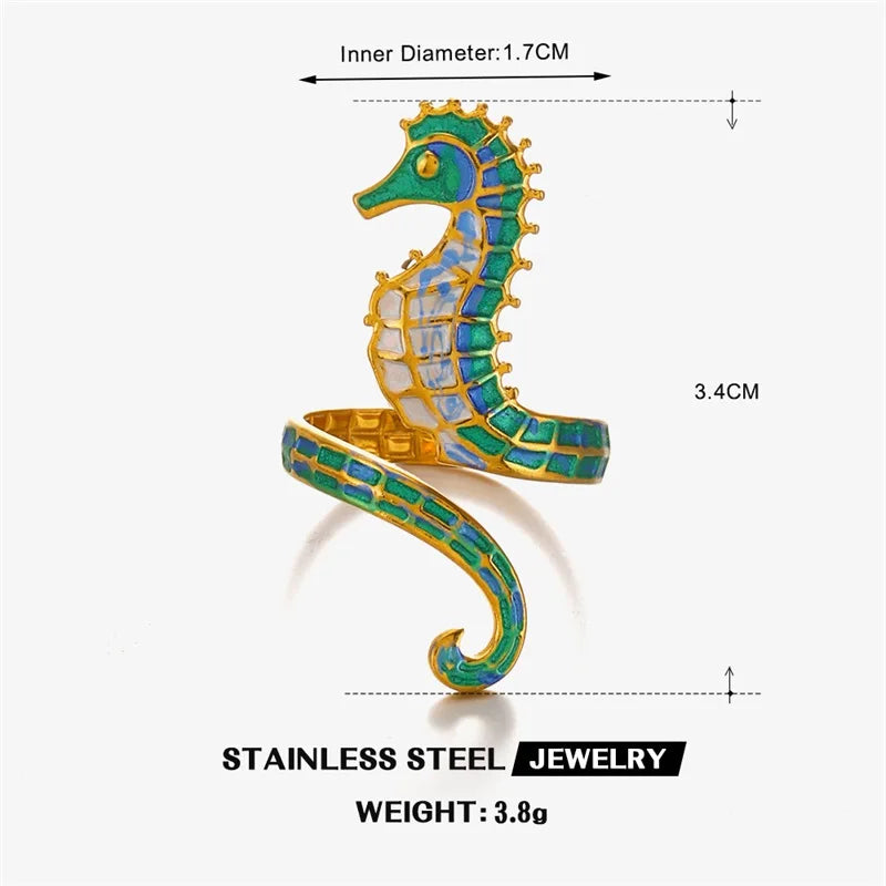 EILIECK 316L Stainless Steel Enamel Starfish Shells Open Adjustable Ring for Women Waterproof Chic Beach Summer Ring Jewelry