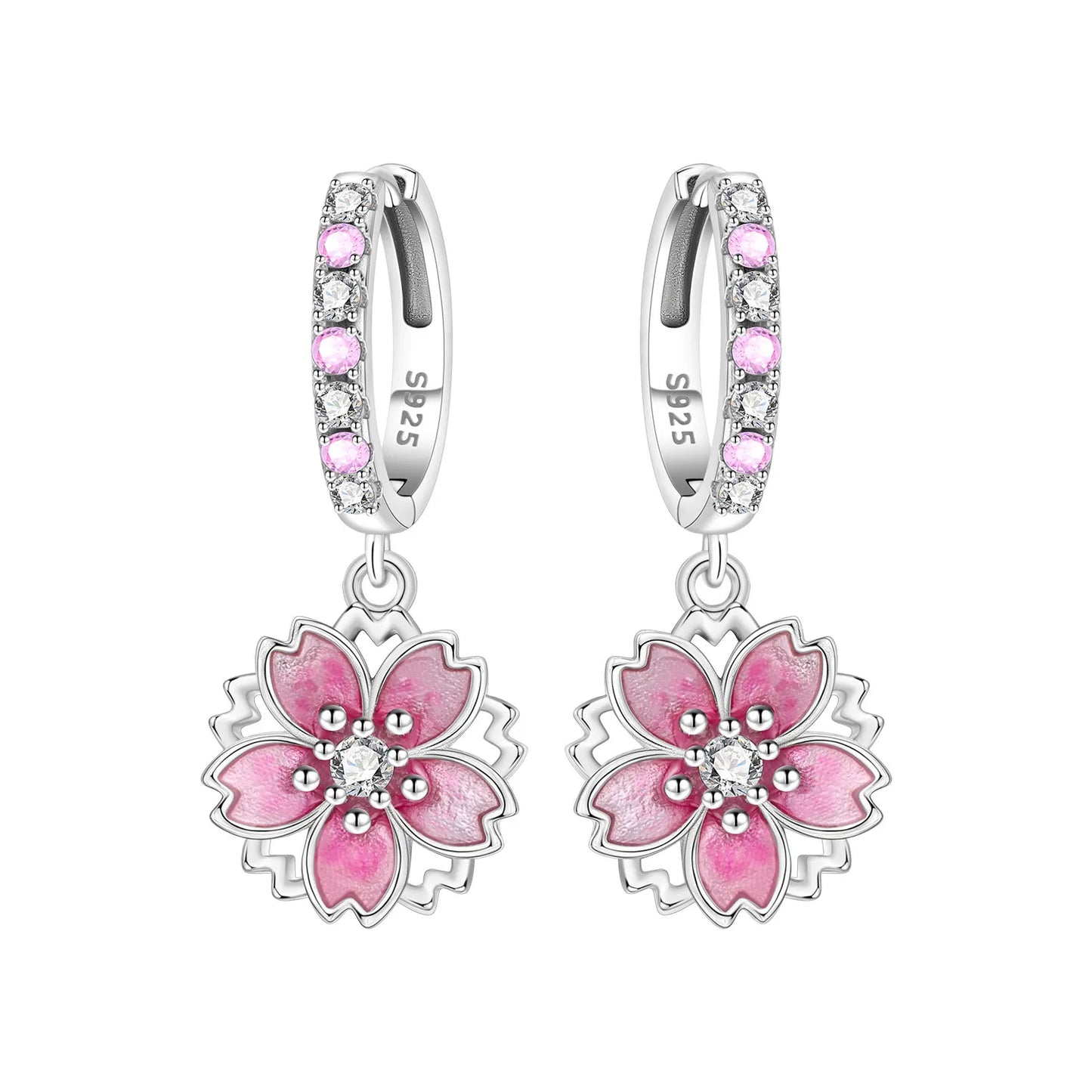 Hot Sale Original 925 Sterling Silver Zircon Pink Doughnut Earrings Flower Paw Print Design Women Party Jewelry Gifts Ear Loops