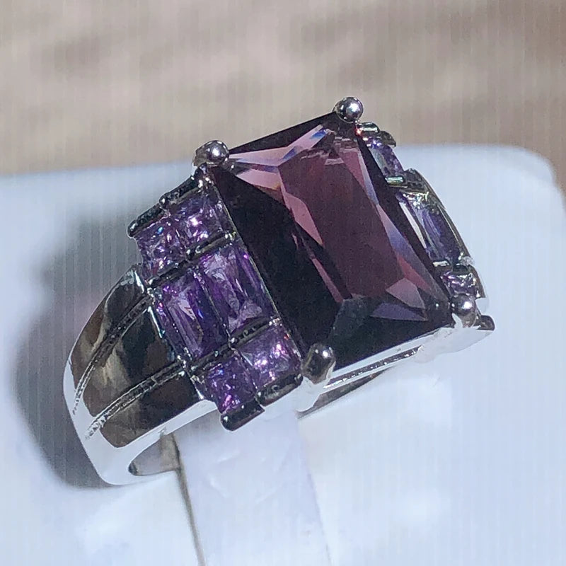 New Fashion Purple Zircon Square Ring Women 925 Stamp Exquisite Luxury Large Rectangular Zircon Party Birthday Gift