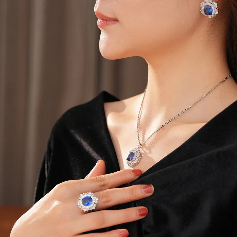 Medium Vintage Inlaid Rhinestone Three-piece Jewelry Set Oval Ring Earring Light Luxury Fashion Necklace Accessories Set