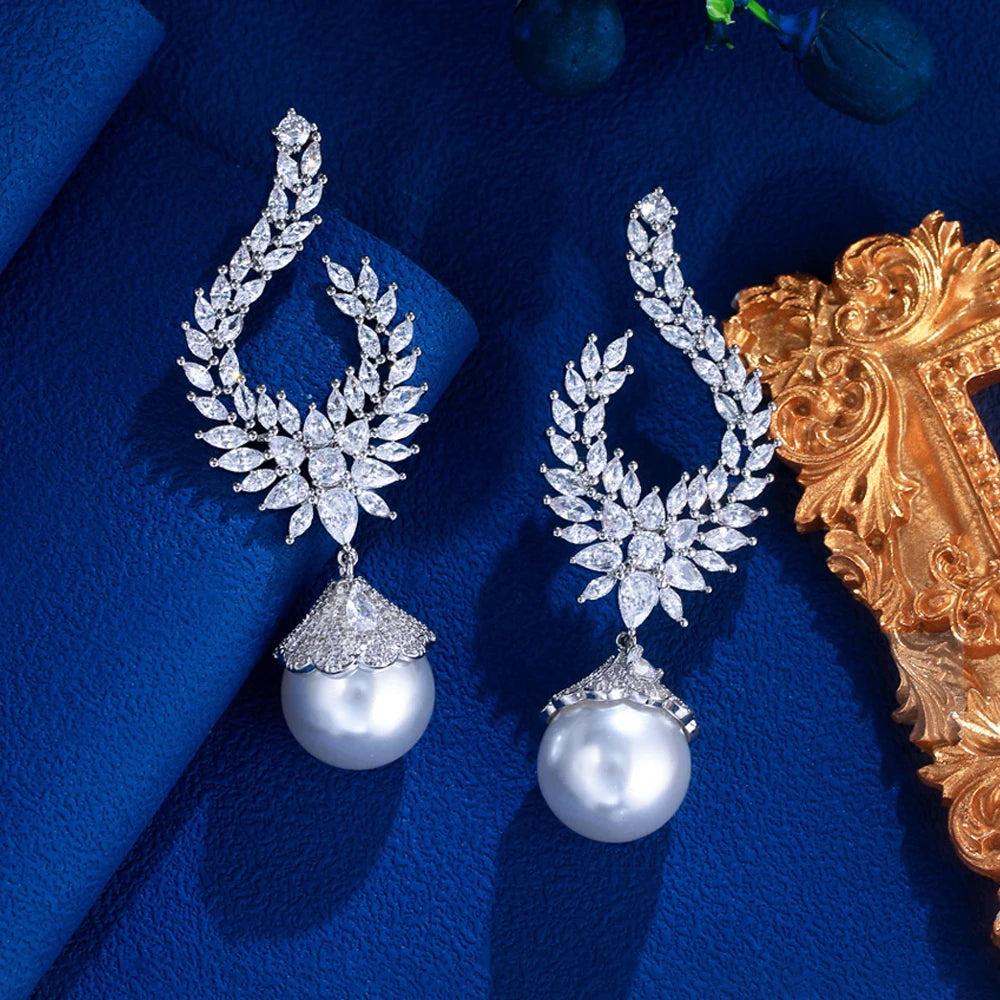 ThreeGraces Elegant Shiny Cubic Zirconia Big Simulated Pearl Long Statement Bridal Earrings Women Wedding Party Jewelry E1936