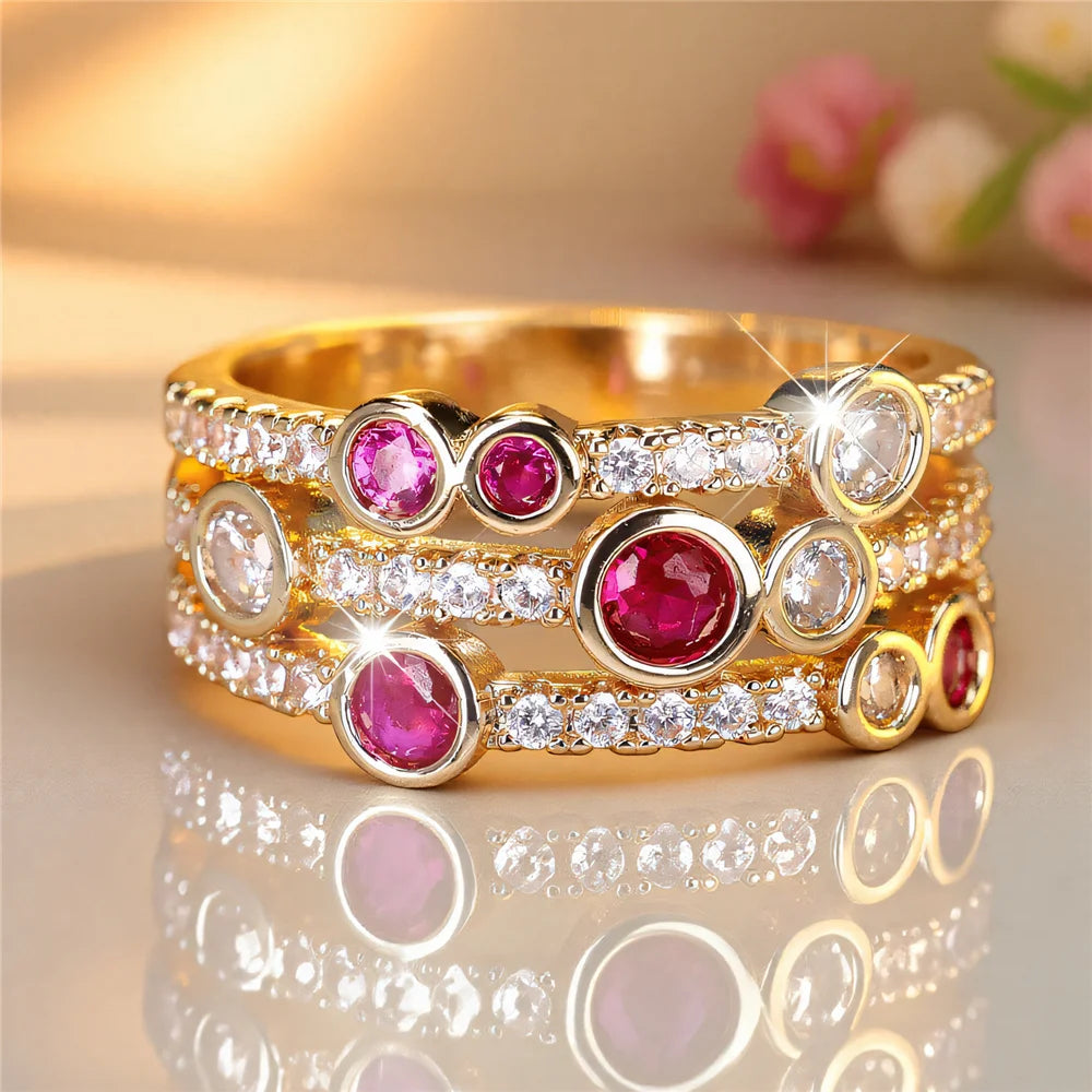 Cute Female Rose Red Zircon Stone Gold Color Wedding Jewelry Promise Engagement Rings For Women