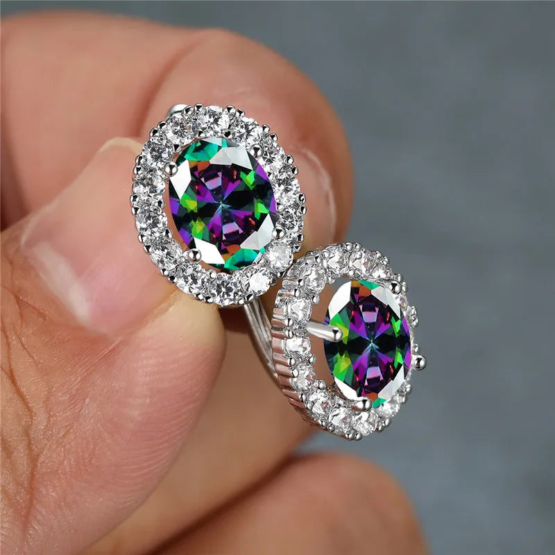 Luxury Crystal Purple Oval Stone Earrings Multicolor Zircon Small Hoop Earrings Classic Silver Color Wedding Earrings For Women